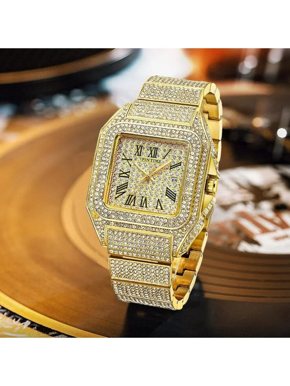Stylish Hip Hop Men's Bling Crystal Watch - Rectangle Case, Stainless Steel